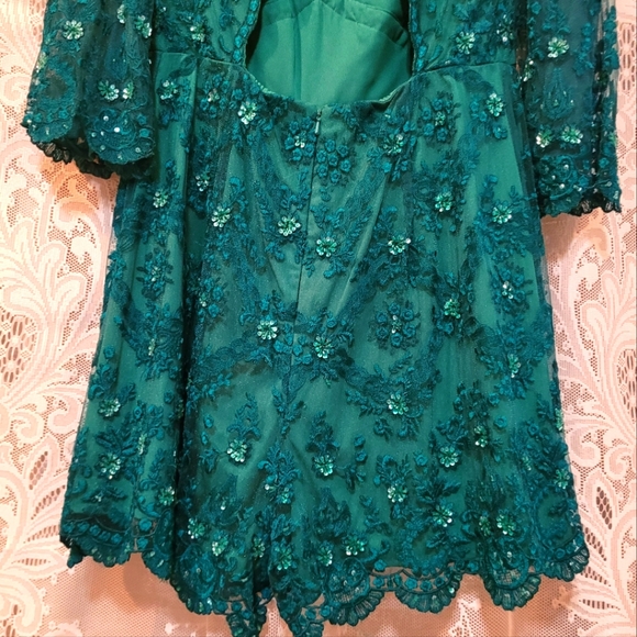 Free People Size 12 Elegant Teal Lace Scalloped Trim Romper - Picture 9 of 9